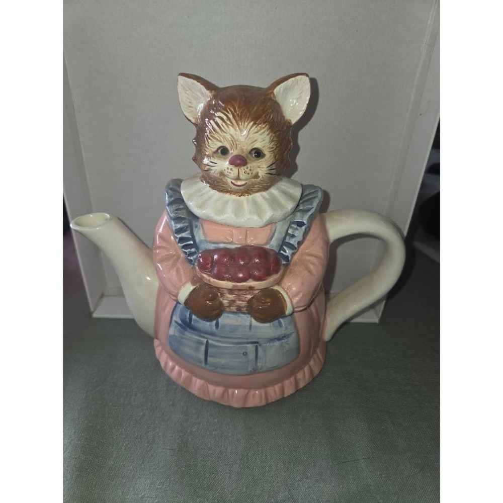 Vintage Ceramic Anthropomorphic Cat Teapot Pink Dress Apron Figural Tea Pot